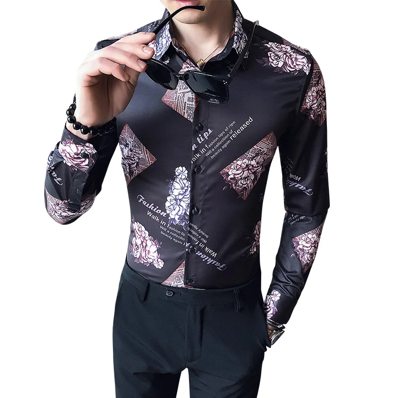 

2020 Men's Shirts Rose Print Casual Slim Shirt Fashion Dress Shirt Men's Long Sleeve Business Formal Streetwear Social Clothing