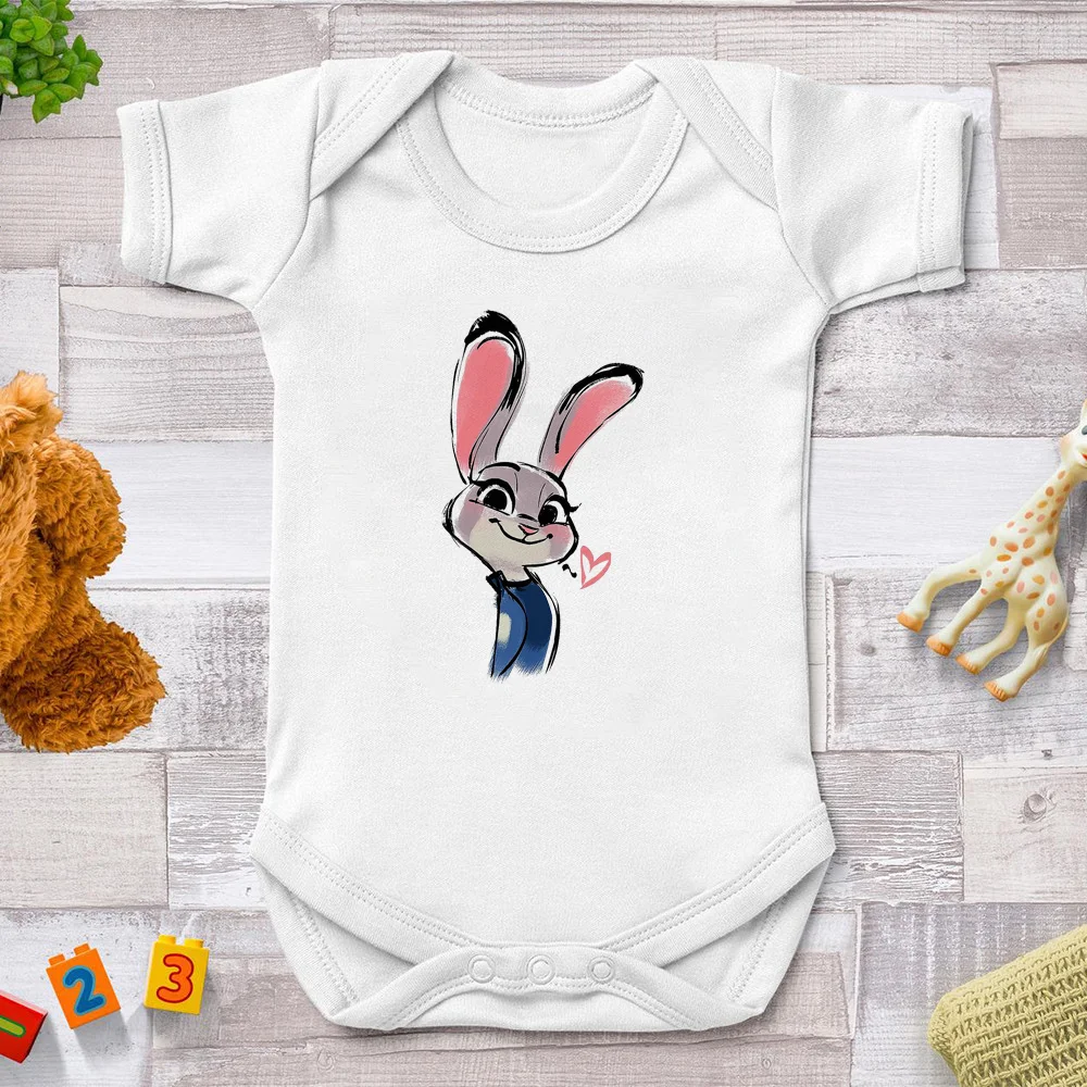 

Zootopia Disney Cartoon Baby Rompers Newborn Summer White Short Sleeve Jumpsuits Harajuku Cute Baby Rabbit Print Bodysuits