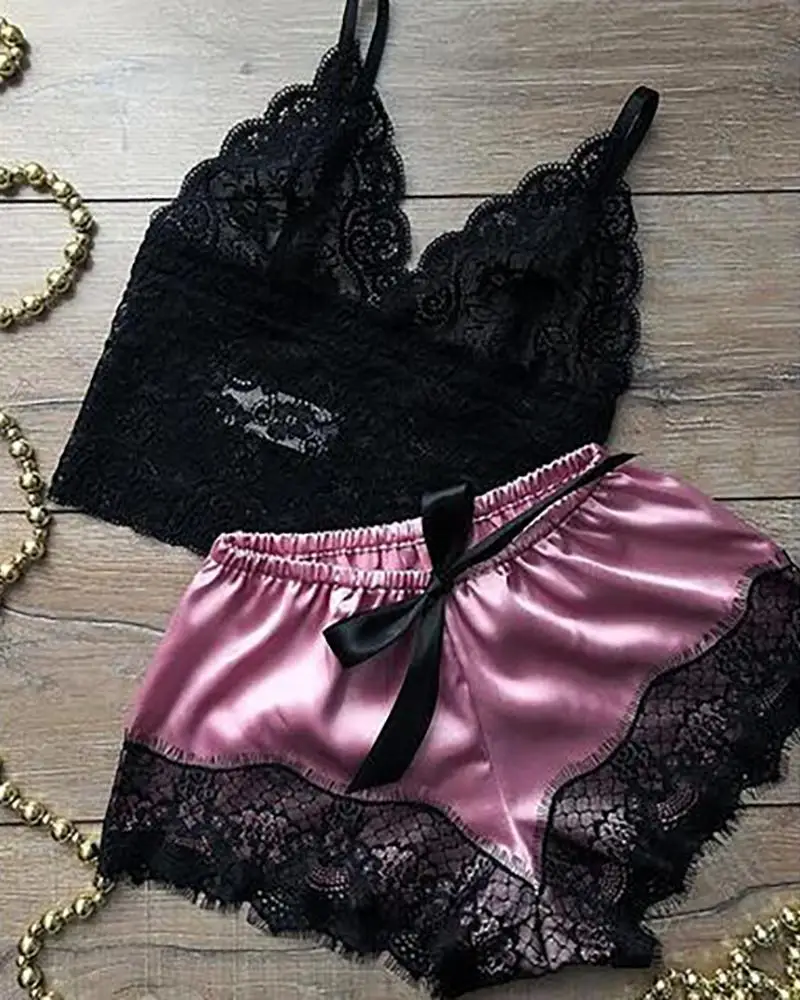 2021 New Women's Sleepwear Sexy Satin Pajama Set White Lace V-Neck Pyjamas Sleeveless Cute Cami Top and Shorts