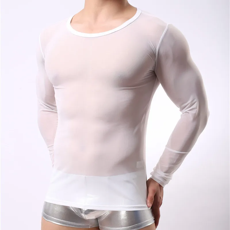 Mens Undershirts Mesh Underwear T-shirts Transparent Male Long Sleeve T-thirts Tops Slim Fitness Gym Bodybuilding Homewear