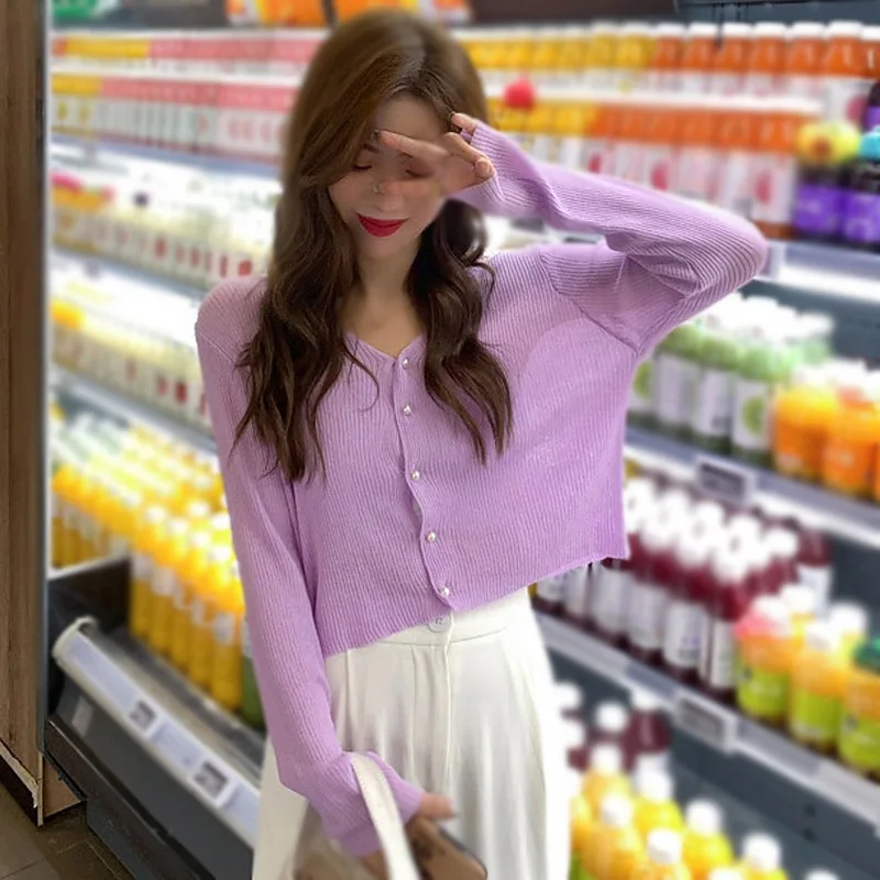 

Summer Women's V Neck Thin Blouse Solid Collor Long Sleeve Sun Protection Breathable Button Knitted Cardigan Tops