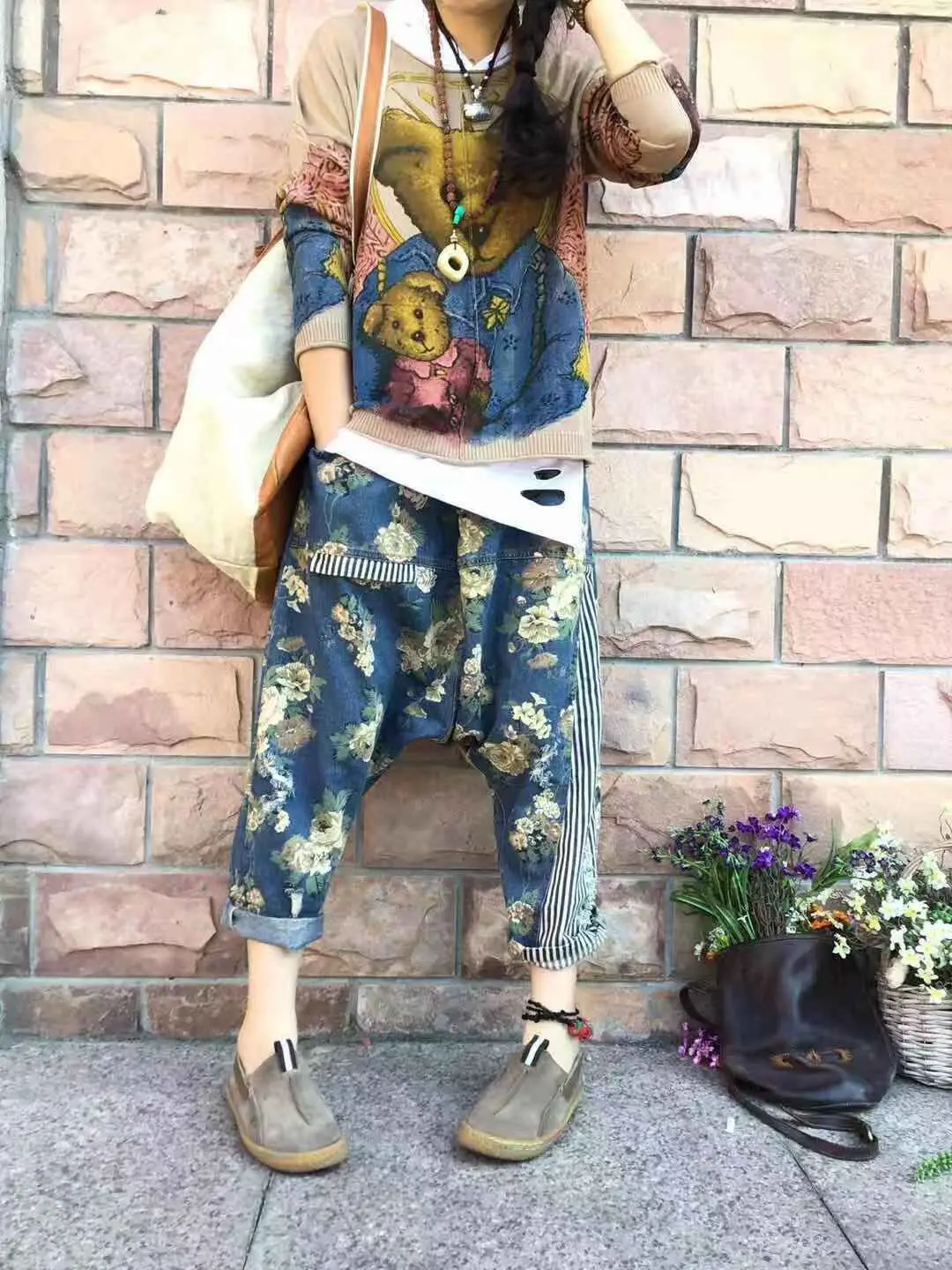 Women Baggy Low Crotch Denim Pants Patchwork Harem jeans Printed hip hop street dance cowboy Trousers Boyfriend Bloomers Joggers
