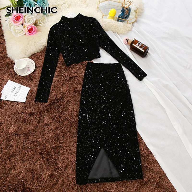 Осень 2019 Женский комплект из 2 предметов черный длинный рукав на молнии Короткие