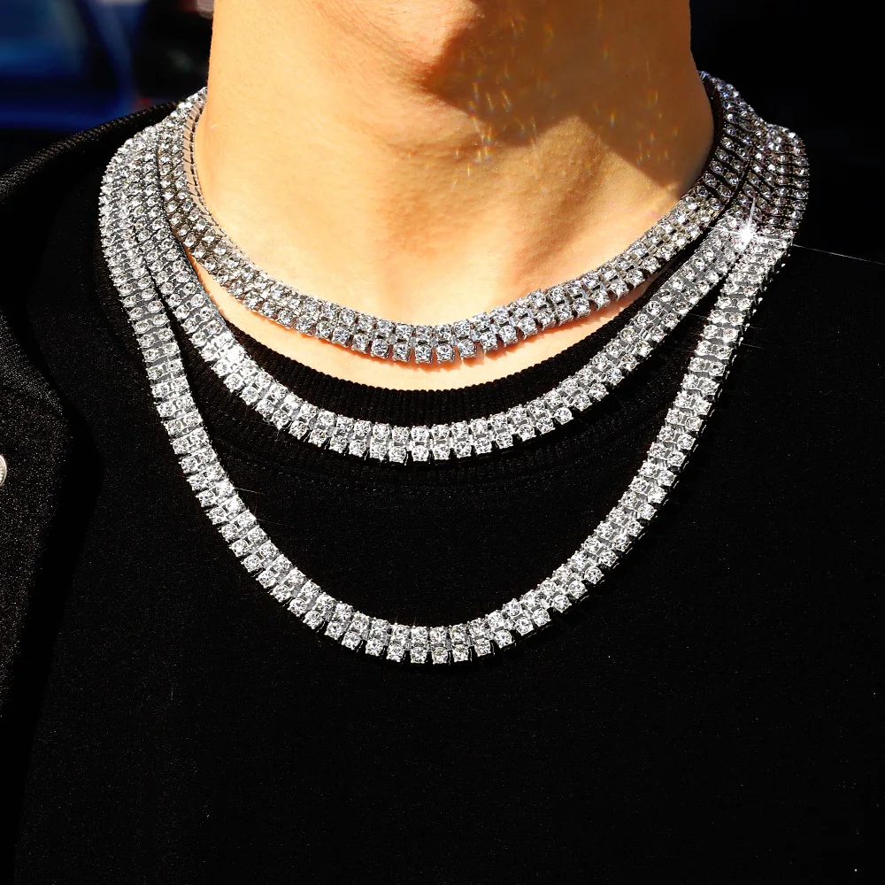 Ожерелье унисекс из двух рядов теннисная цепь в стиле хип-хоп золотистое