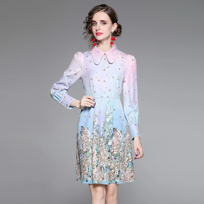 

Designer Retro Single-Breasted A-Line Dresses Women New Elegant Lapel Long-Sleeve Gradient Color Banquet Printing Dress