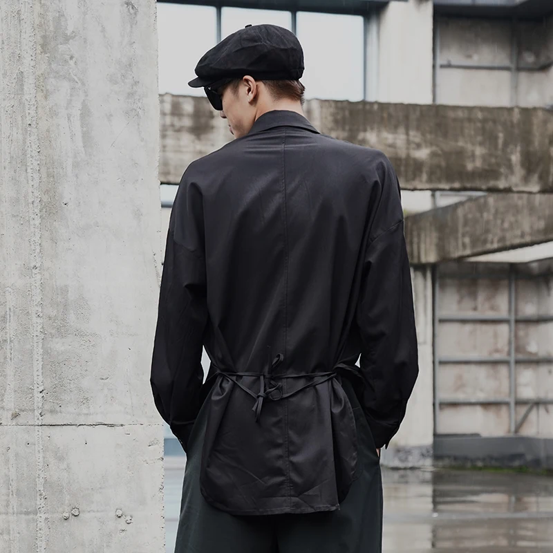 Men's Long Sleeve Shirt Spring And Autumn New Dark Personality Before Short After Long Lacing Design Casual Large Size Shirt