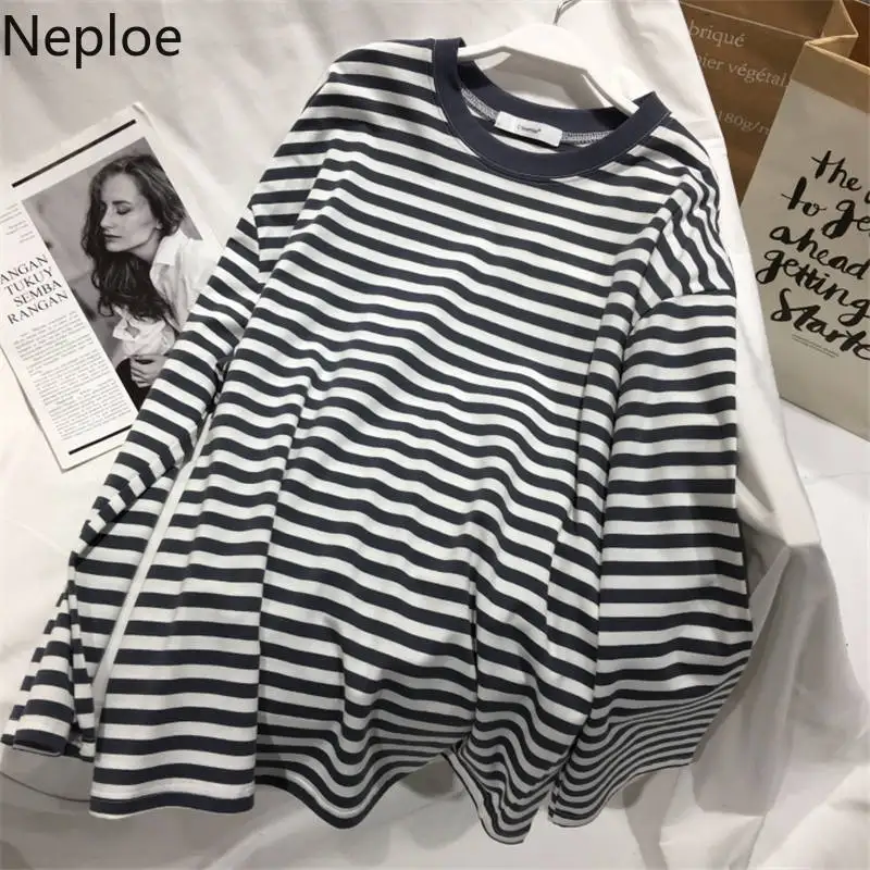 Neploe 2022 Autumn Striped Sweaters Medium-long Causal Pullovers Thin O-neck Top Korean Streetwear Plus Size Women Clothes | Женская