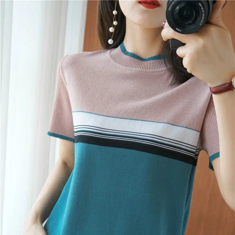 

Thin Summer Striped T Shirt Women Tshirt Knitted 2021 Short Sleeve T-Shirt Woman Clothes Tee Shirt Femme Camisetas Mujer Y313