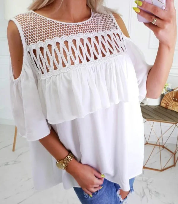 

2019 Summer White Round Neck Off Shoulder Hollow Out Ruffled Short Sleeve Women Tops White Blouse Casual Tops and Shirt