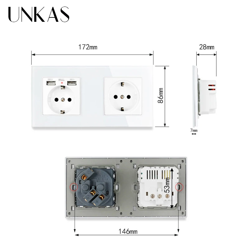 UNKAS 2 Gang Россия Испания настенная розетка стандарта ЕС Хрустальная стеклянная