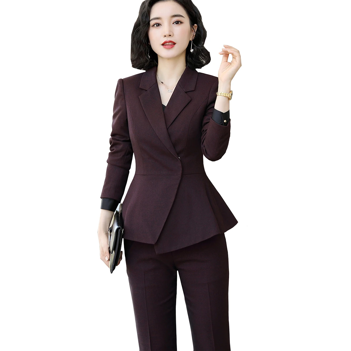 High Quality Women Formal Pant Suit 2 Piece Set Office Lady Work Wear Uniform Designs Female Business Wine Jacket and Trousers