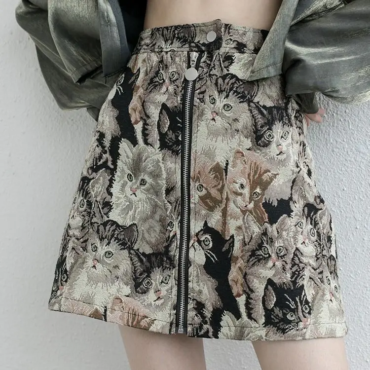 

Retro a-line skirt Jacquard embroidery cat printed skirt spring women's sweet fresh hip skirt high waist cool
