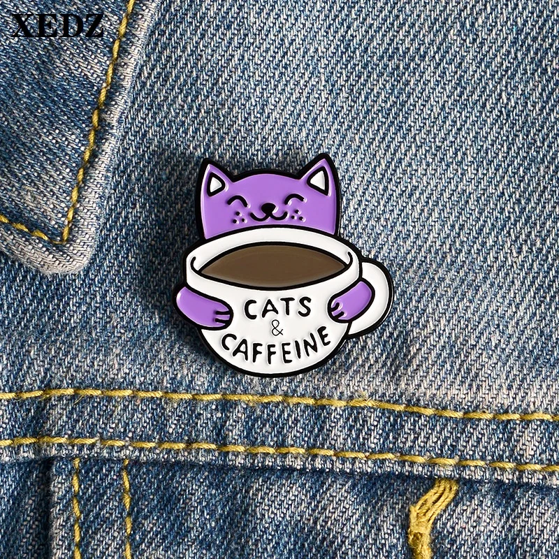 2020 cute cat &amp coffee cup enamel pin custom animal brooch and caffeine badge bag lapel buckle jewelry gift to friend | Украшения и