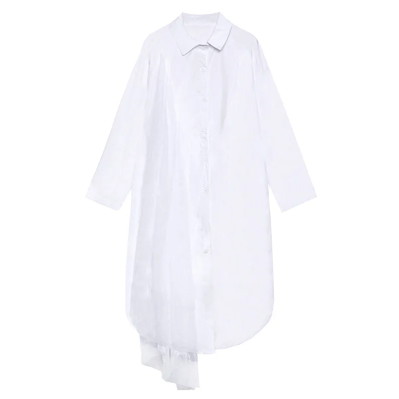 

Vefadisa Women Irregular Blouse Dress 2021 Women Mesh Patchwork Blouse Female Casual Solid Blouse Dress Black White ZQY801B