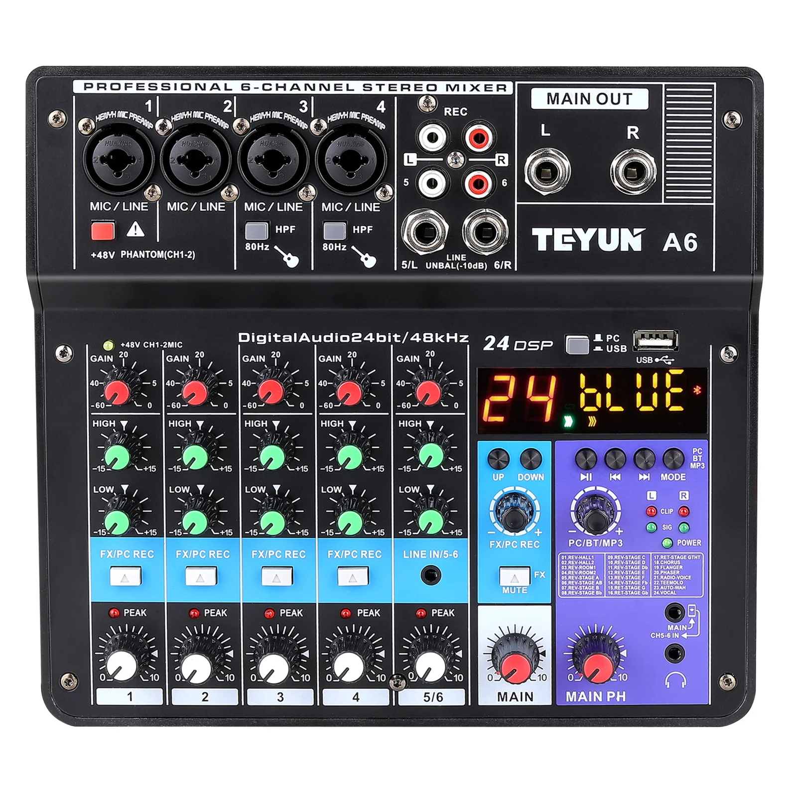 Wireless 6-Channel Audio Mixer Portable Sound Mixing Console USB Interface Computer Input 48V Phantom Power Monitor for Input enlarge