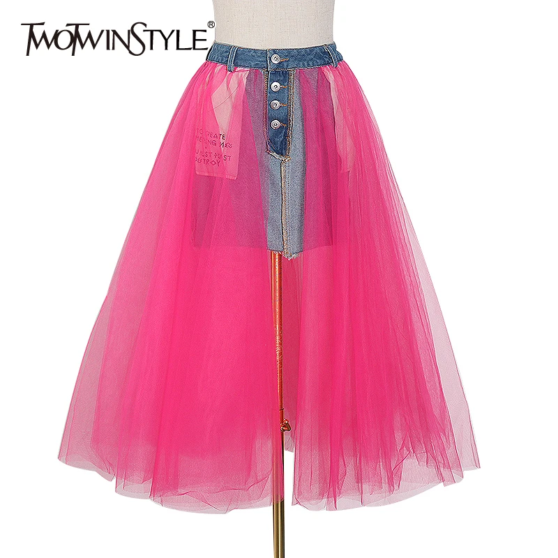 Женская джинсовая юбка TWOTWINSTYLE Весенняя сетчатая с высокой талией 2020|Женские