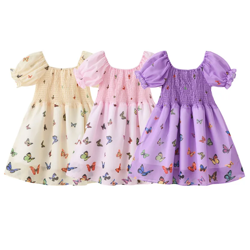 

girl dress 2021 summer short sleeves butterfly Print kids children girls princess dress puff sleeve baby dress 1-8 years