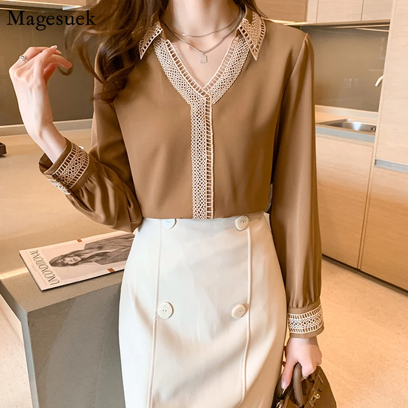 

Spring New V-Neck Solid Satin Silk Shirt Women Chic Hollow Embroidery Women Blouse Long Sleeve Plus Size Satin Ladies Tops 13094