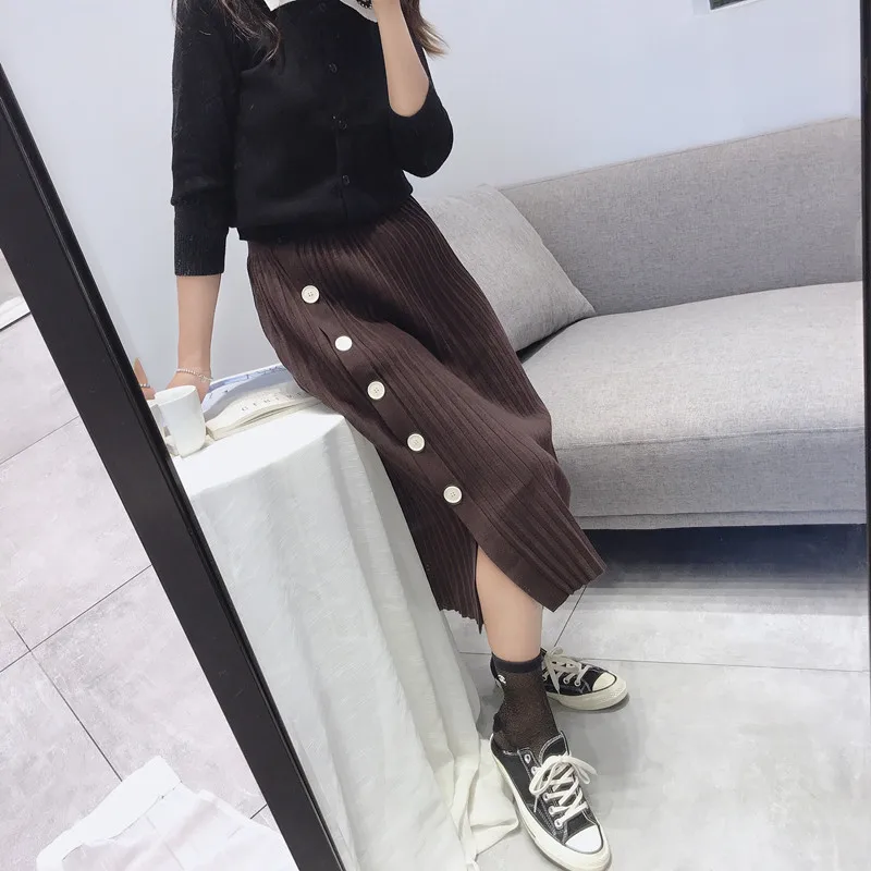 Осенне-зимние эластичные юбки с высокой талией для женщин s Faldas Mujer Moda Jupe вязаные плиссированные юбки женские тонкие юбки на пуговицах