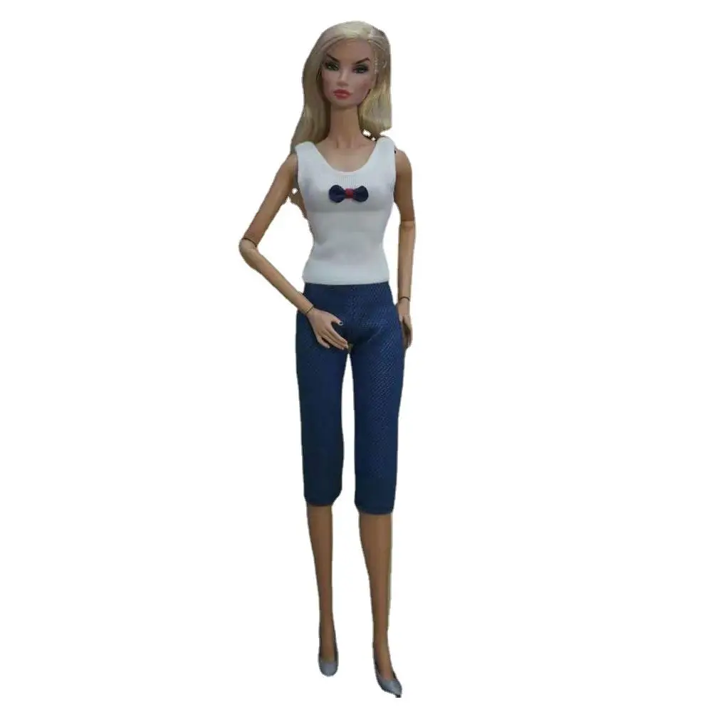 

11.5" Dolls Clothes White Tank Top Jeans Denim Crop Pants Outfits For Barbie Accessories Kids Playhouse Clothing Kids DIY Toys
