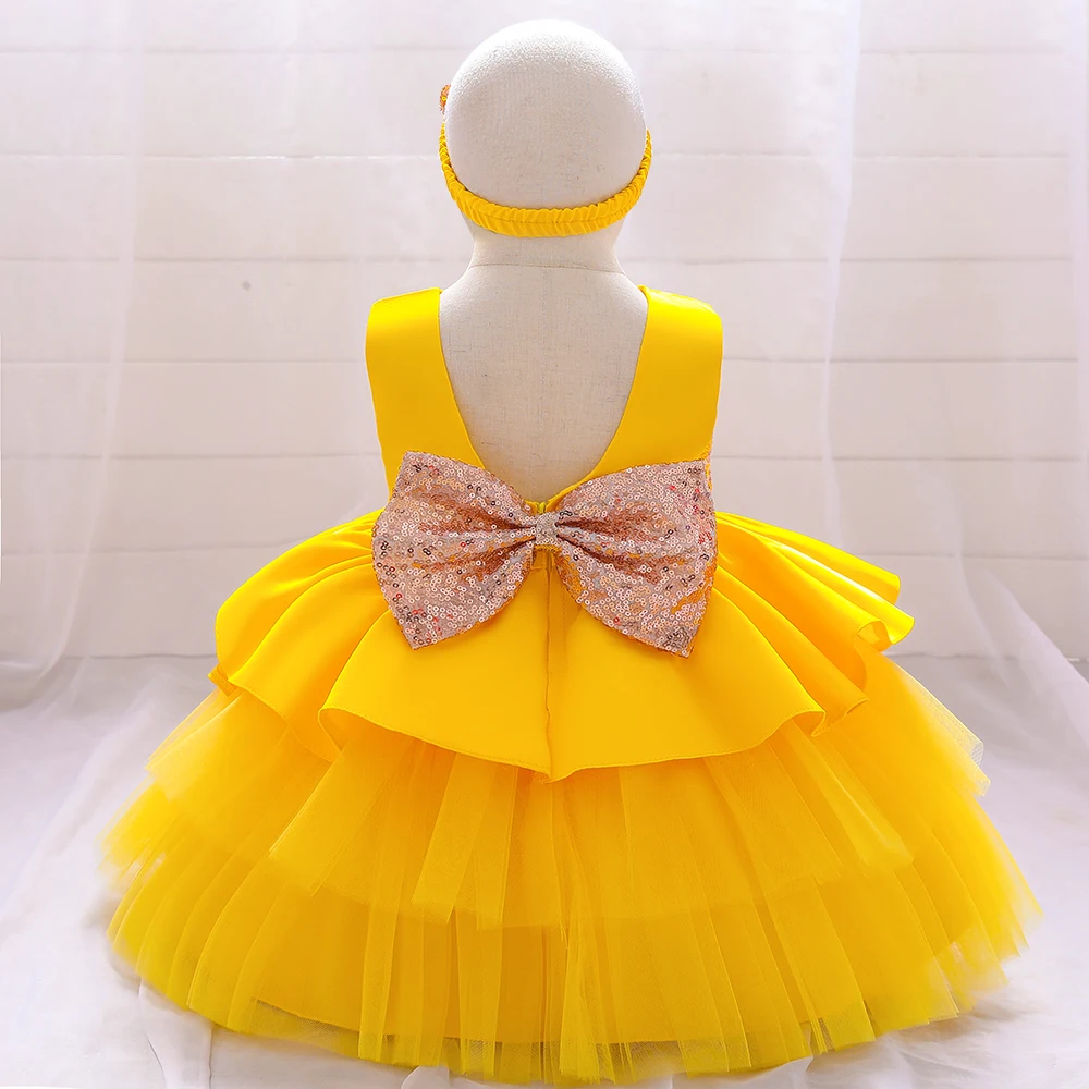 Yellow Sequin Bow Infant Girls Birthday Dresses For Girl Baby Christening Gown Kids Christmas Party Dress Toddler Clothes