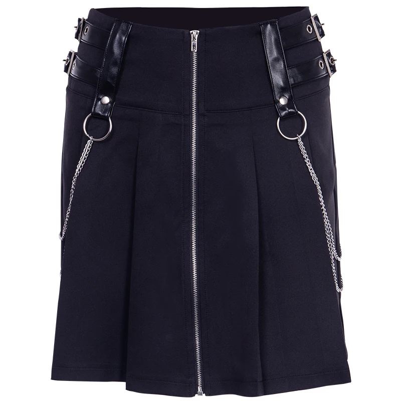 

Summer High Waist Short Skirt Women Zipper Iron Chain Punk Women Sexy Skirts PU Leather Belt Gothic Cosplay Lady A-Line Skirts