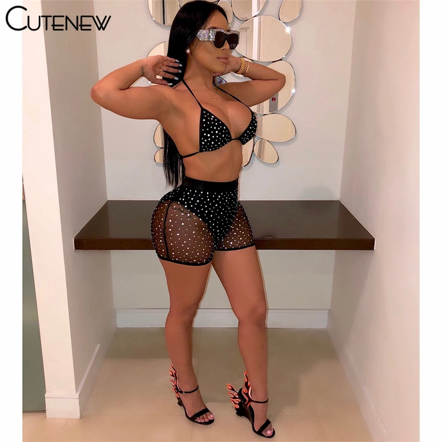 

Cutenew Sexy Net Yarn See Through Two Pieces Sets Women's Outfits Solid V-Neck Diamond Camisole And Skinny Shorts Lady Clubwear