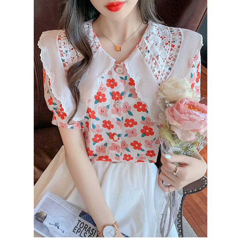 

Real shot 2021 summer women's lace doll collar flower chiffon blouse shirt
