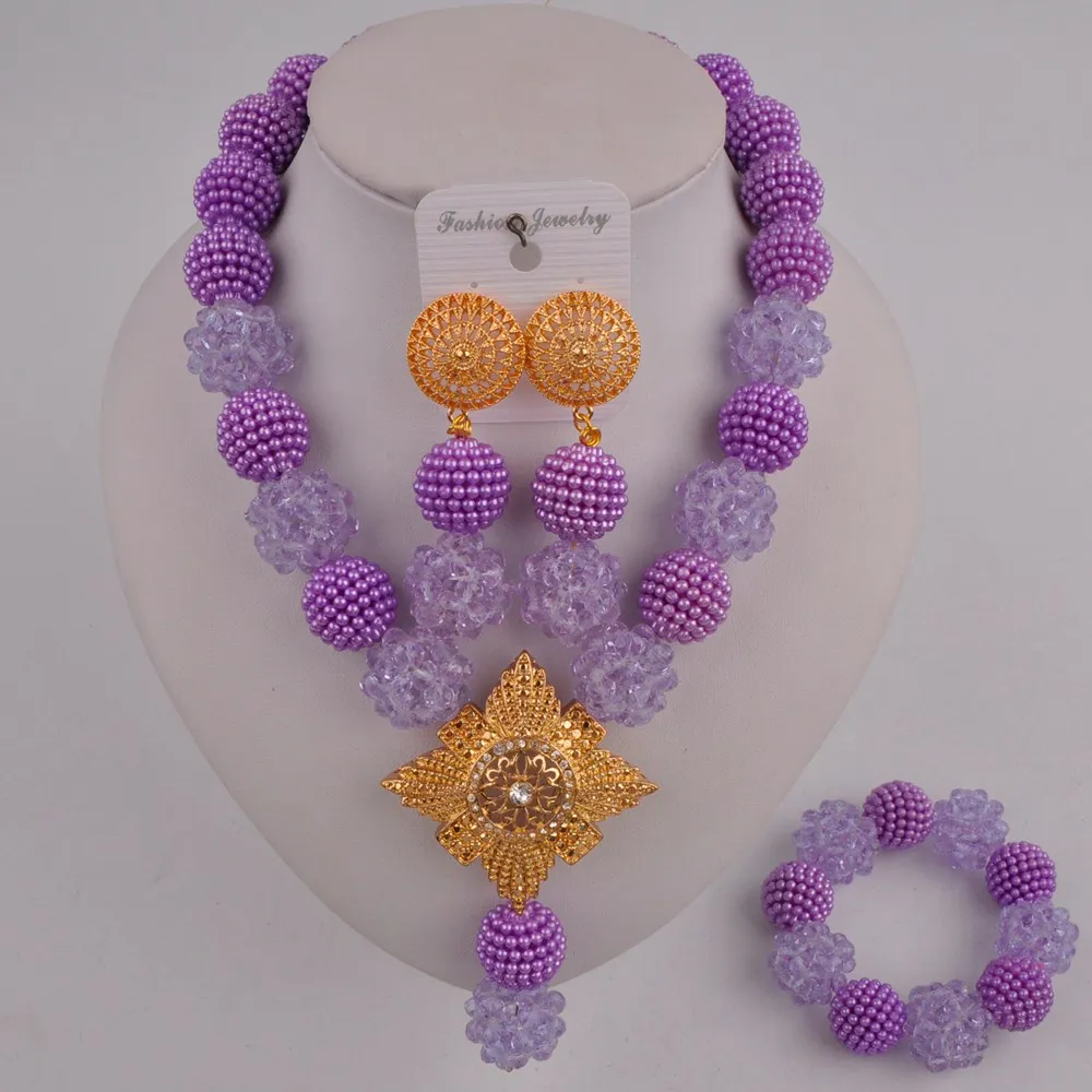 

novel nigerian wedding african necklace set lilac african beads jewelry set FZZ103-11