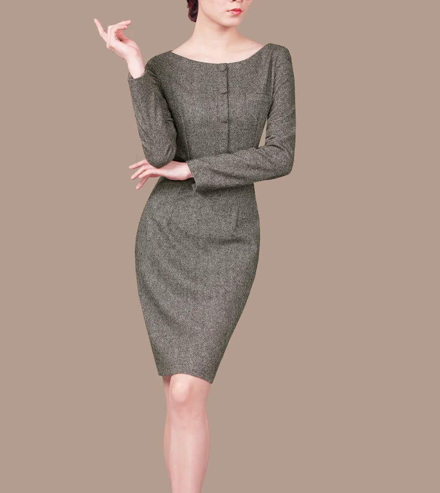 

Woman Spring Ol Plus Size Soild Full Sleeve O-neck Knee-length Slim Wool Dresses Lady Winter Belt Hedging Slim Woolen Dress