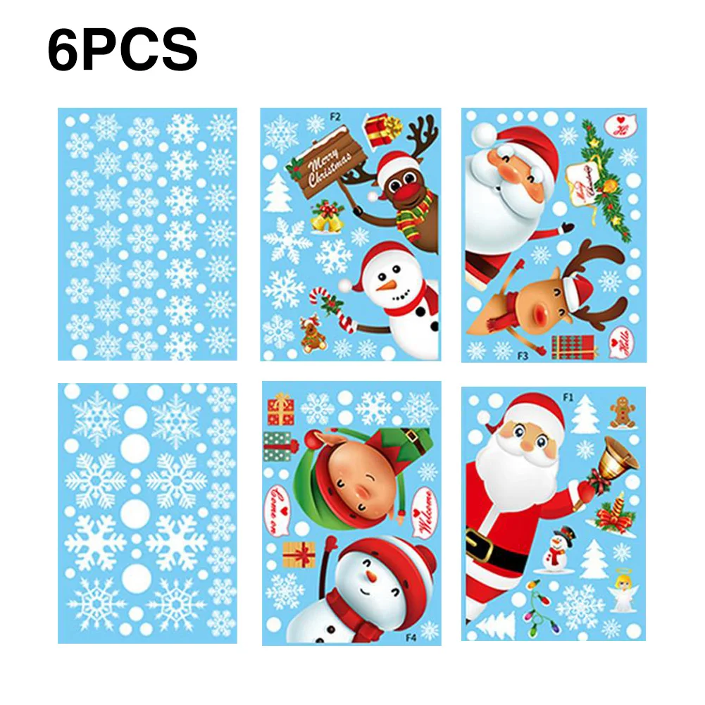 

6/4PCS Christmas Window Clings Xmas Theme Wall Snow Flakes Decal Santa Claus Snowflake Stickers For New Year Glass Window Decora