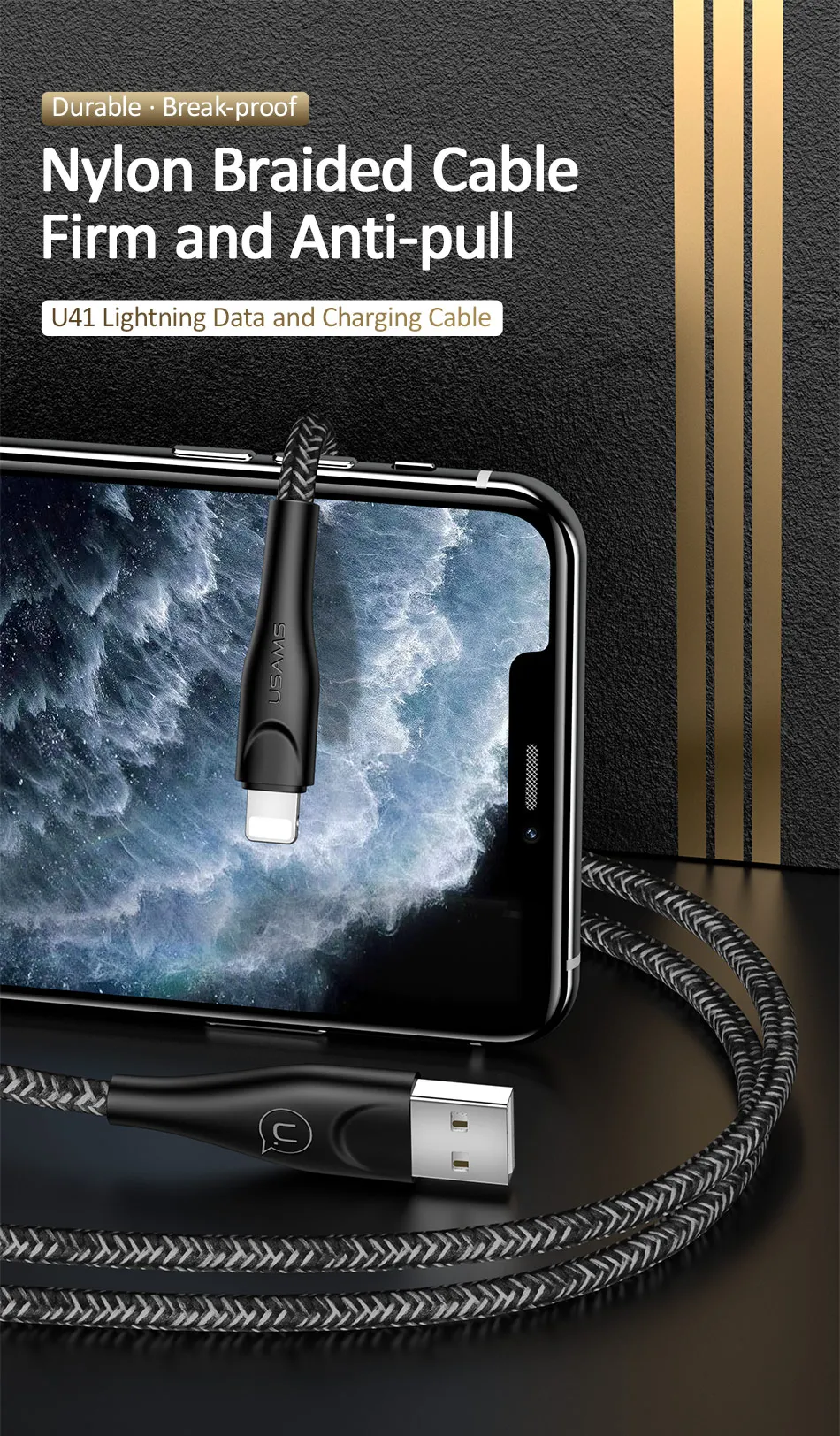 USAMS кабель для мобильного телефона для iPhone 11 Pro Max XR XS X 6s usb зарядный шнур USB кабель для освещения iPad плетеный кабель синхронизации данных