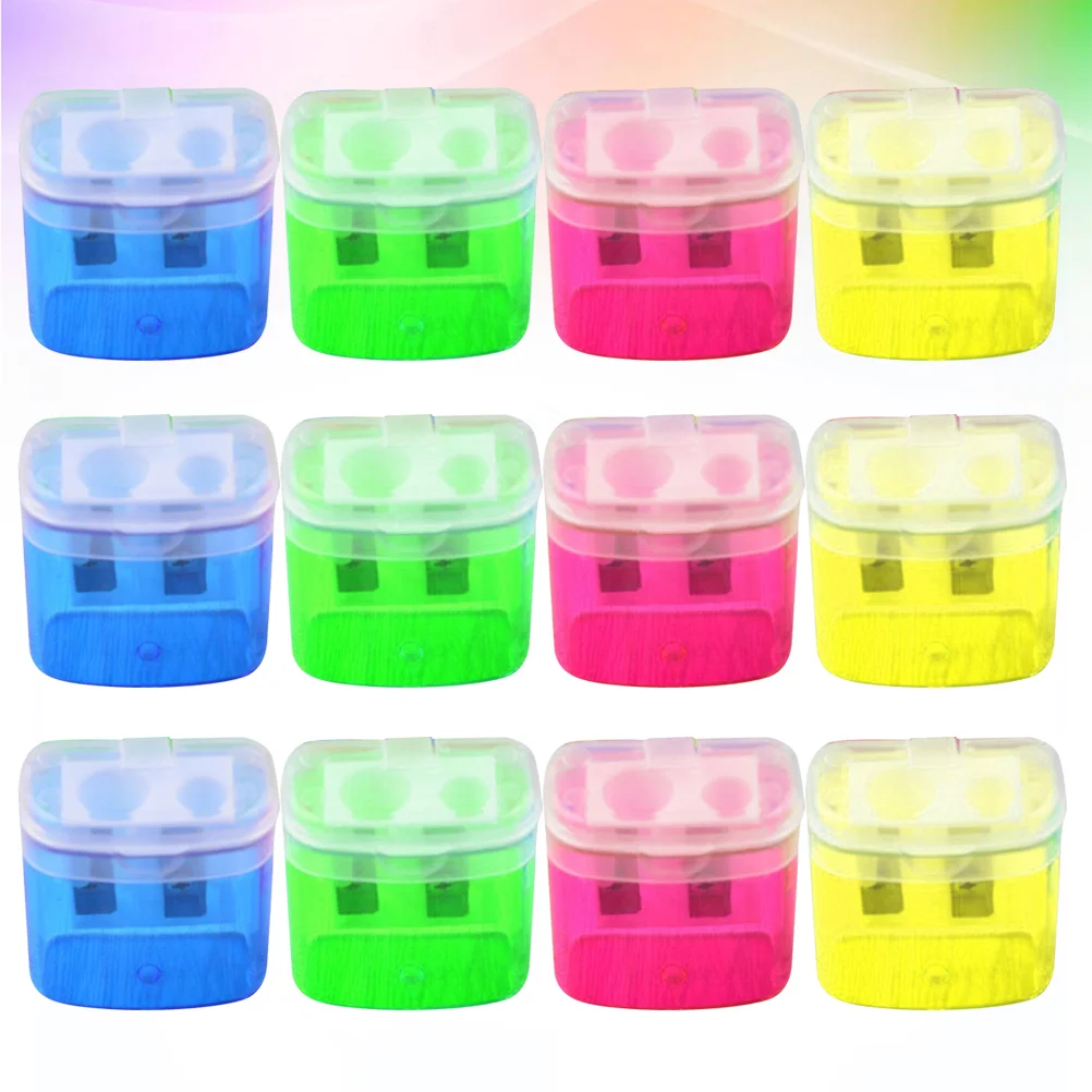 

12pcs Plastic Pencil Sharpener Transparent Lid Dual Hole Manual Square Pencil Sharpener for Students (Random Color)