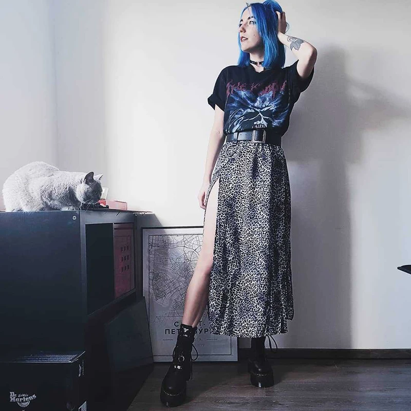 

Fashion Leopard Print Women High Long Midi Skirt Female Long A-line Sexy Split Skirt
