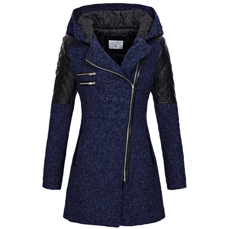 

Autumn Winter New Oblique Zipper Hooded Woolen Trench Coat Thick Warm Jacket Cotton-padded Jacket Women
