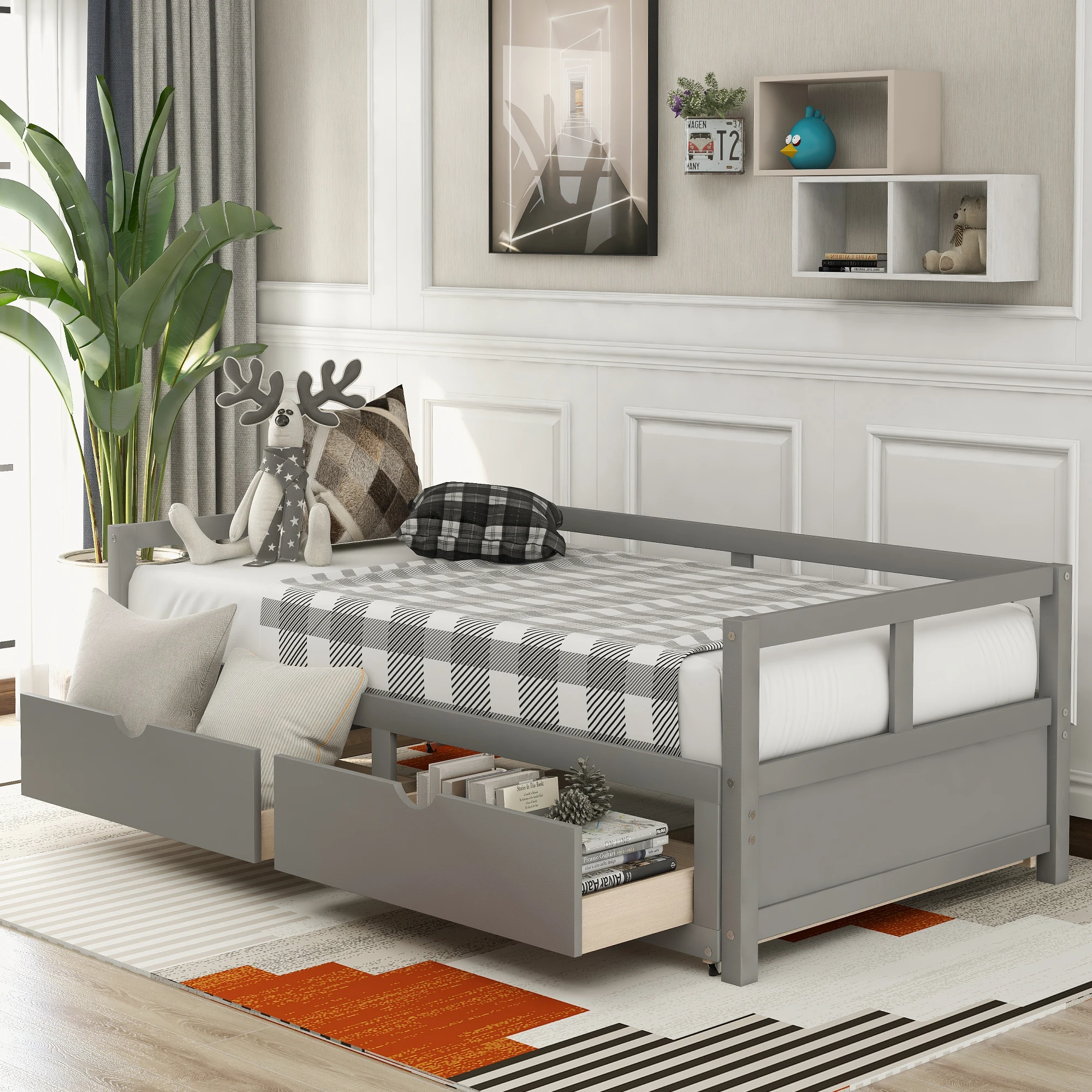 

Wooden Daybed With Trundle Bed With Two Storage Drawers Extendable Bed Sofa Bed For Living Room Bedroom Furnitures