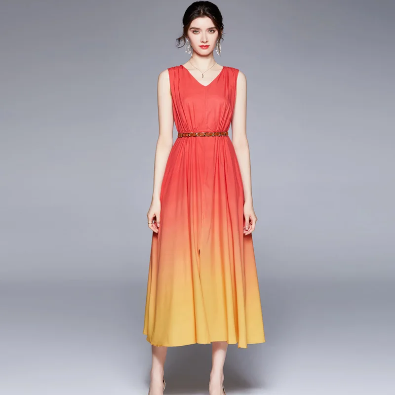 

Women's Fashion Designer Sleeveless Gradient Color Runway Long Maxi Party Dress Summer Clothes Elegant Sundress Celebrity Robe