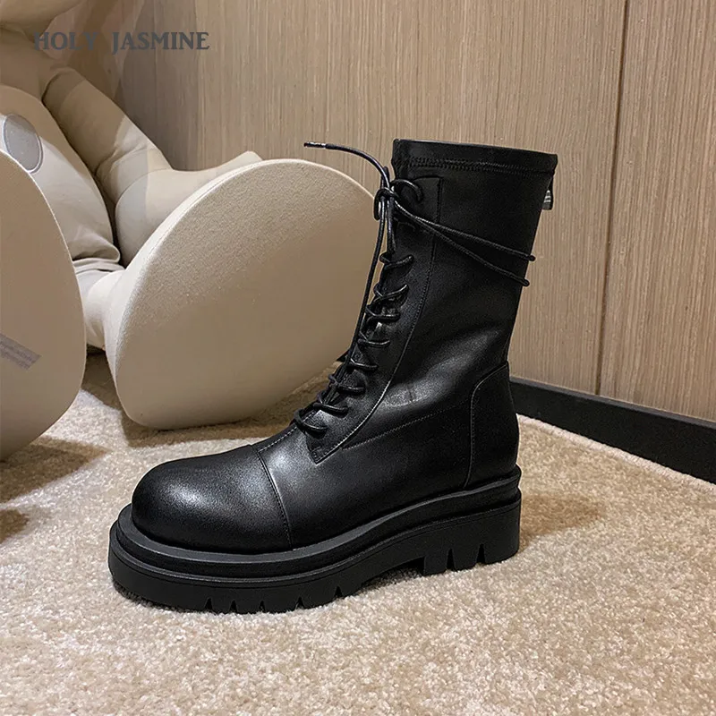 

HOT 2020 Women Boots New Autumn Winter Mid-Calf Motorcycle Boots Lace-Up Round Toe Flat with High (5cm-8cm) Cross-tied