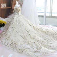 handmade unique luxury design dog clothes pet wedding dress princess trailing gown shiny skirt gold sequin 3d trimmings flowers