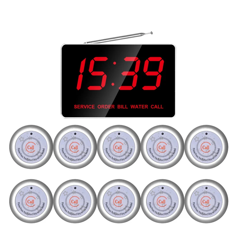 

FL-210 999 канальный приемник хост + 10 шт. кнопка вызова Беспроводной голос для кормления Системы для ресторана бара больница покупателей Услуги