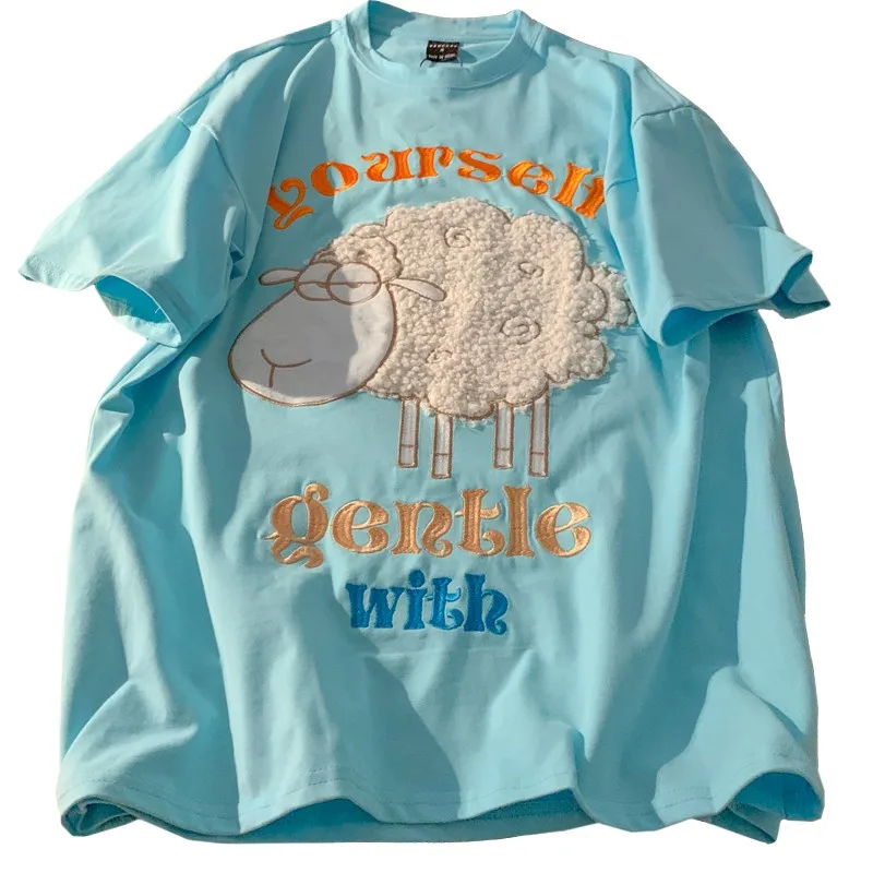 

ZuoLunOuBa Casual Japanese Summer Women T Shirt Embroidered Letters Haughty Alpaca Girl Tees Loose Cotton Sky Blue Tops Female