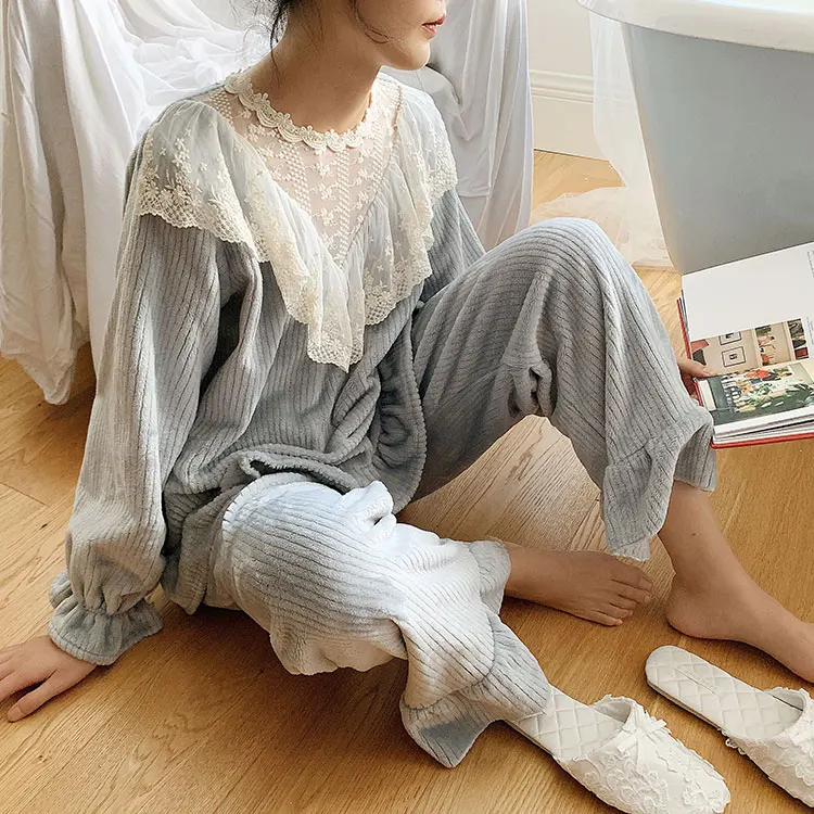 Винтажные зимние толстые фланелевые кружевные женские пижамы, наборы, элегантные женские полосатые пижамы с длинным рукавом, костюмы, подарок, повязка на голову - Цвет: Light Green