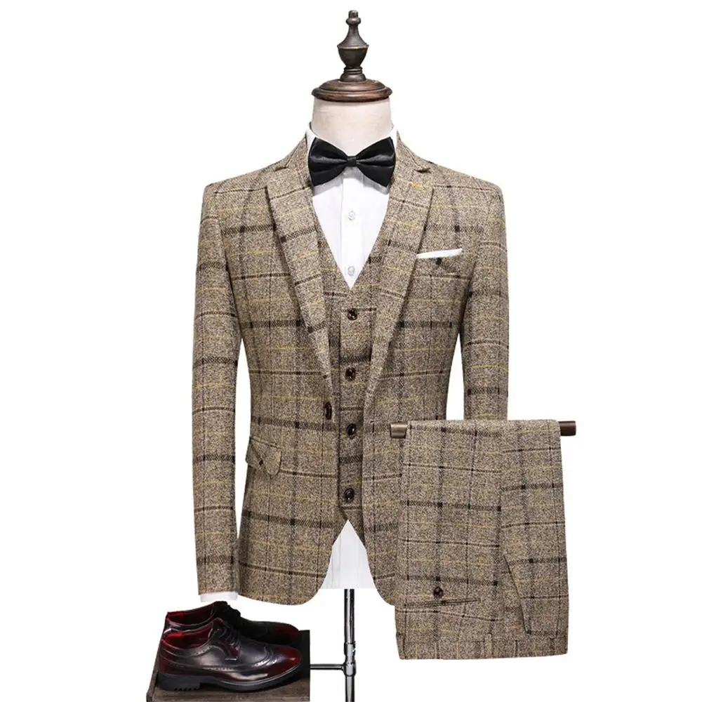 

Tweed Plaid Suit Jacket As Groom Tuxedos Check Groomsman Suit Custom Made Man Suit Brown Wedding Suit (Jacket+pants+Vest)