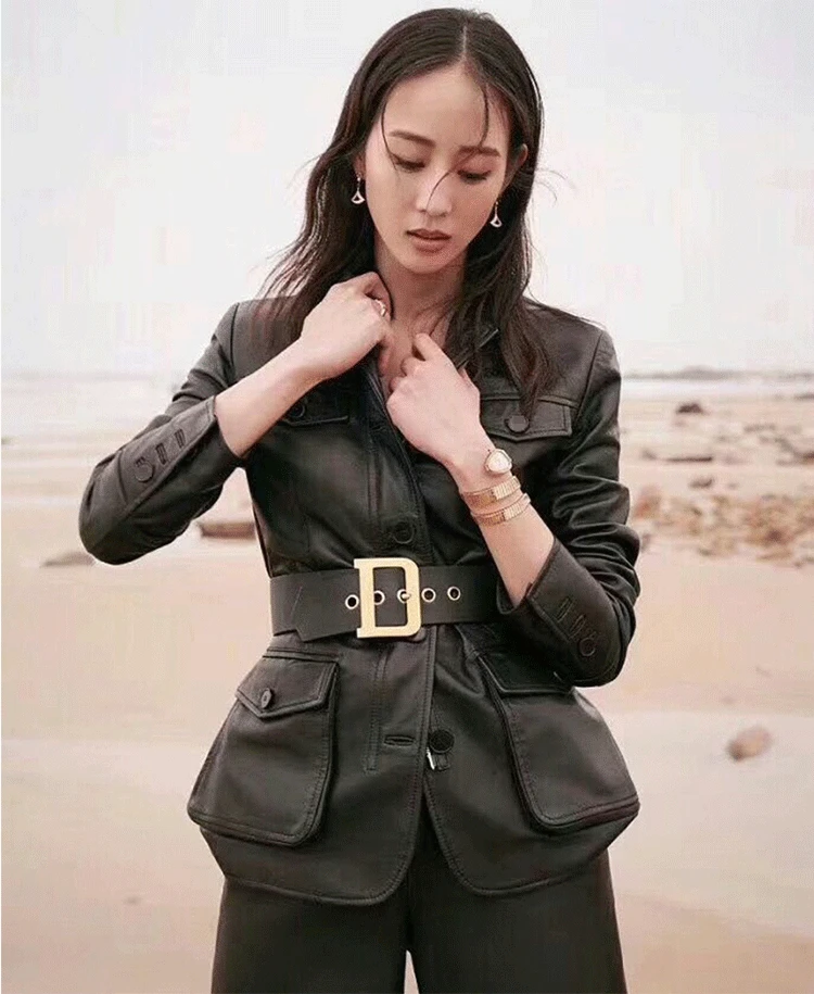 

2021 Autumn new pure leather clothing women's medium-length sheepskin jacket waist thin coat real genuine leather coats ladies