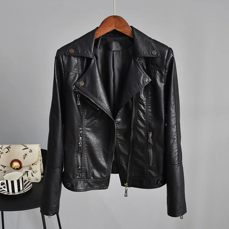 

Casual Black Slim Short Washed Faux PU Leather Jacket Moto Biker Coat 2023 Spring Women Long Sleeve Jaqueta De Couro Feminina