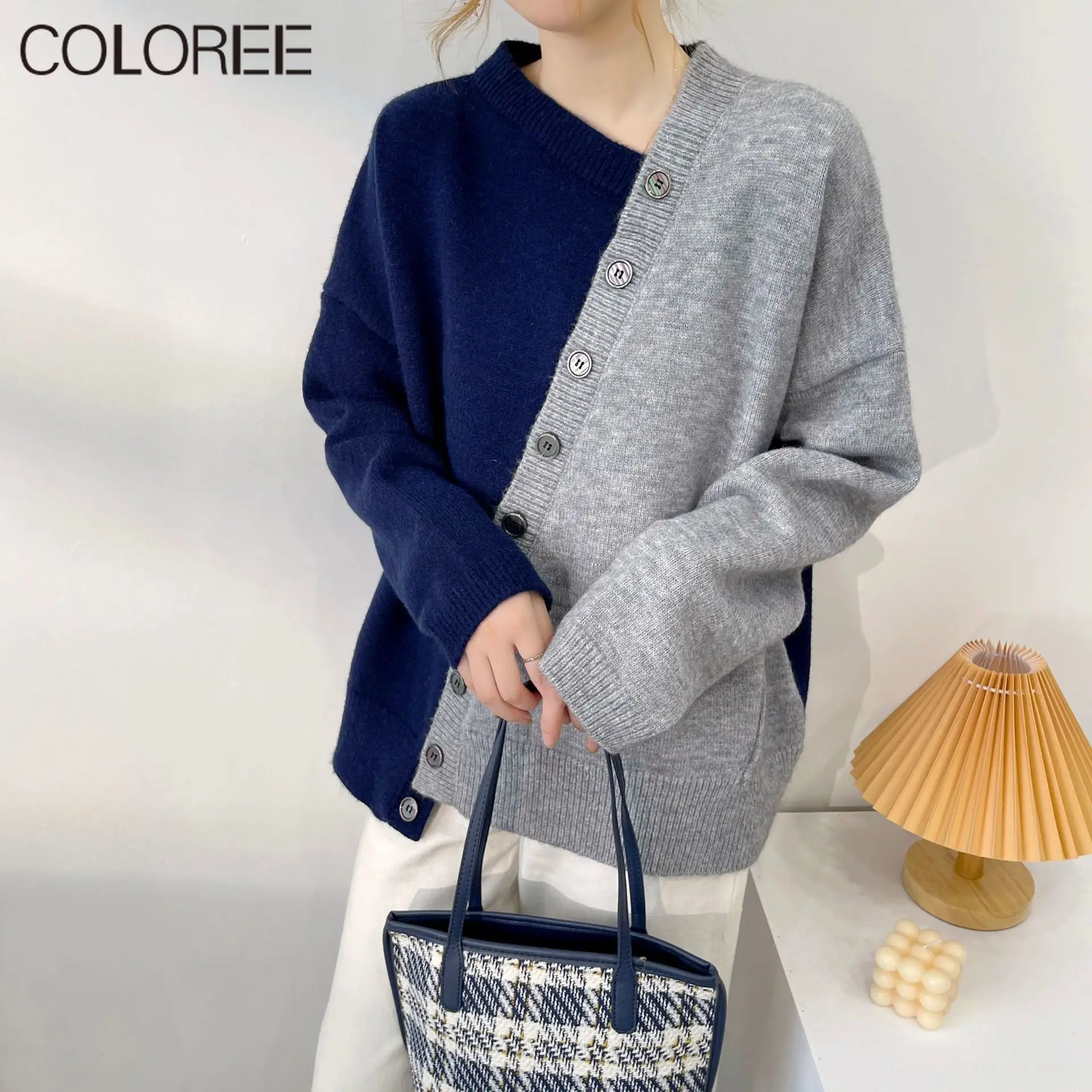 

Корейский стиль, Женский вязаный свитер, Свободный Повседневный Кардиган в стиле пэчворк на осень и зиму, 2021