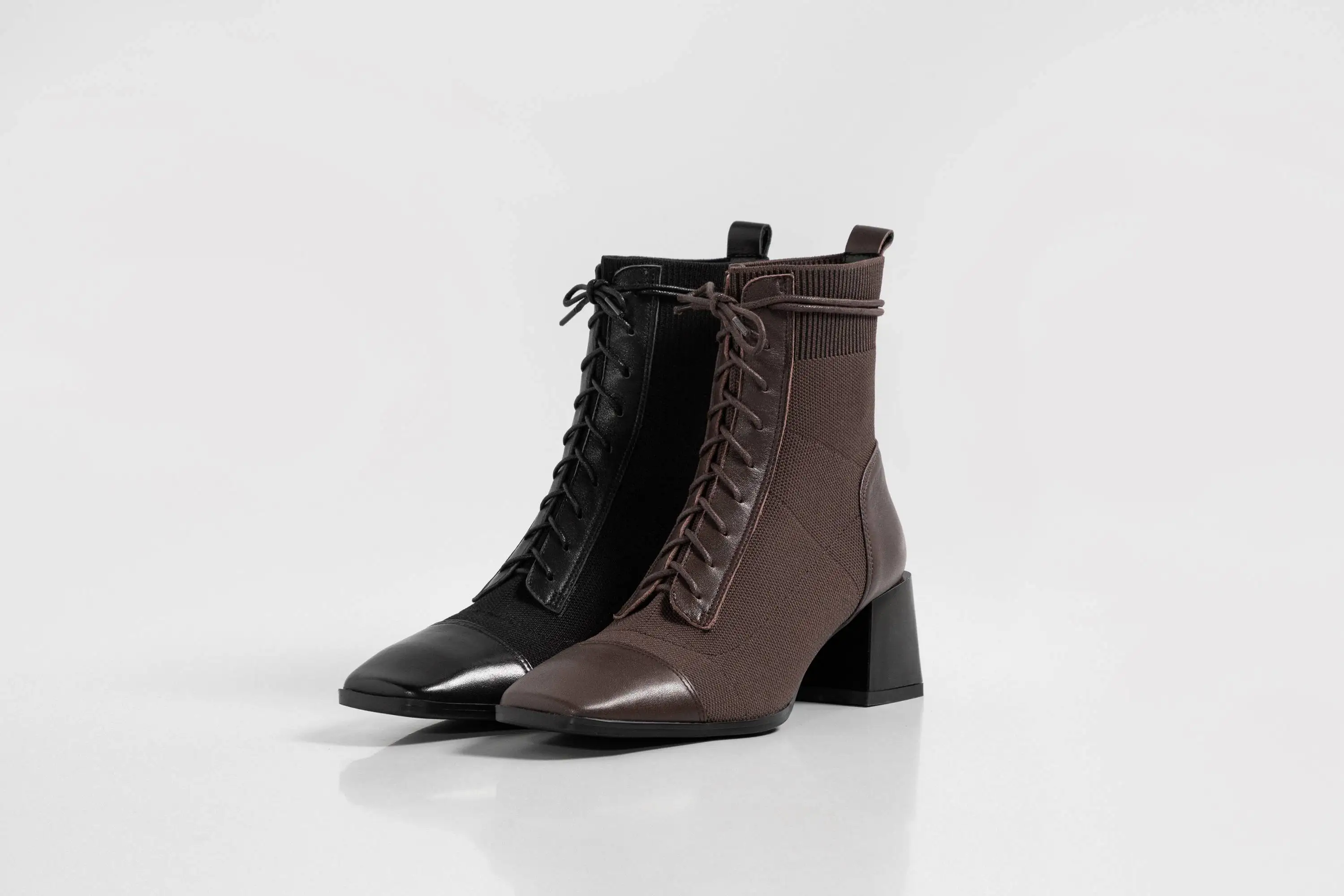 

Lenkisen sock boots natural leather knitting mixed cloth square toe thick high heel lace up office lady classics ankle boots L39