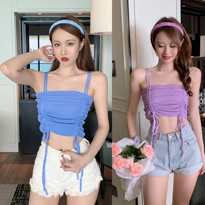 

Drawstring Sling Tank Top Summer Sweet Girl Korean Style Solid Vest Female Sleeveless Camis