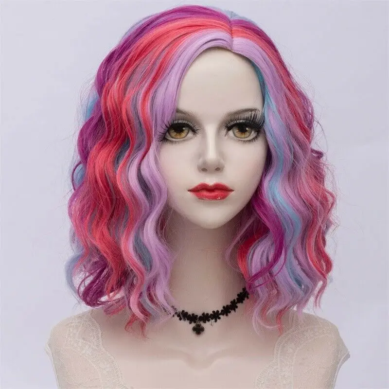 multicolor wig 27 стиль радуги многоцветные Хэллоуин 35 см вьющиеся синтетические парик Лолита Средний Омбре вечерние Косплей - Цвет: multicolor wig