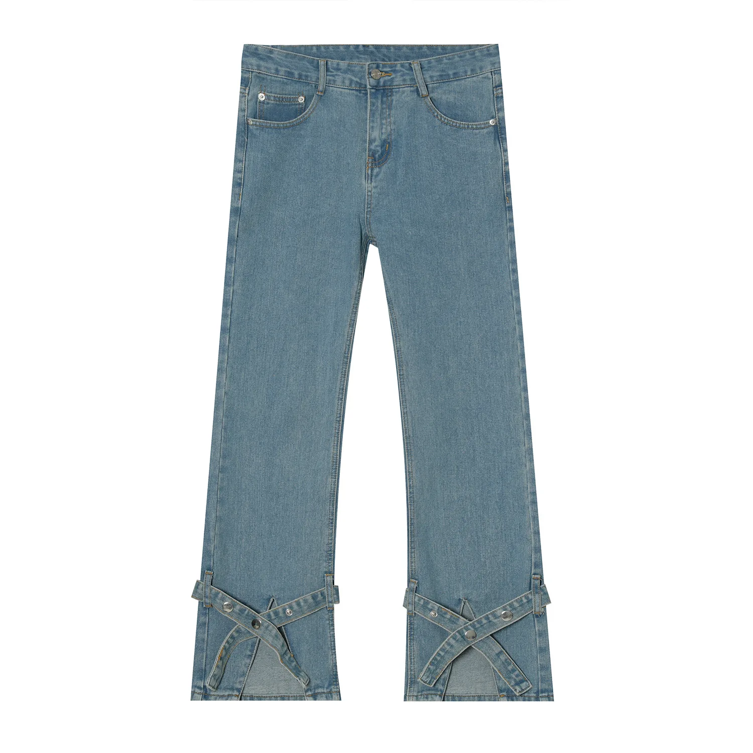

Male Korean Style Hem Strap Split Fork Denim Pants Men's Streetwear Hip Hop Vintage Casual Straight Jeans Trousers Man